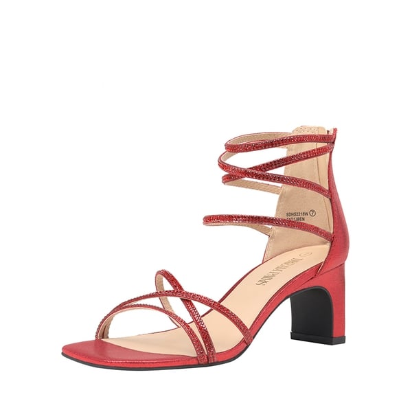 Rhinestone Chunky Pump Sandals - RED RHINESTONE -  0